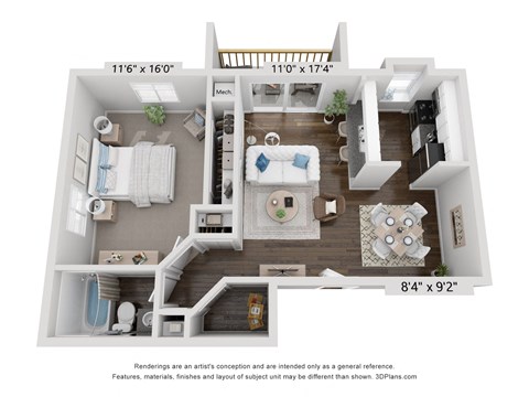 Floor plan for 1 bed, 1 bath, 750 sqft